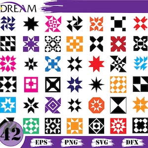 Könnte beinhalten: Eine Sammlung von 42 farbenfrohen geometrischen Designs in verschiedenen Formen, darunter Sterne, Quadrate und Diamantmuster. Die Designs sind in den Farben Schwarz, Weiß, Blau, Rosa, Orange und Grün gehalten. Das Wort "DREAM" steht oben, und Dateityp-Abkürzungen stehen unten.