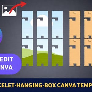 Könnte beinhalten: Eine Grafikdesign-Vorlage für eine Armband-Hängebox mit blau-grüner Landschaft und hellbraunen Box-Ausschnitten. Das Bild enthält den Text "DRAG AND DROP", "EASY EDIT IN CANVA" und "BRACELET-HANGING-BOX CANVA TEMPLATE".