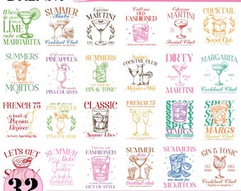 Pack SVG Cocktails | Margarita Martini Mojito SVG PNG | Citations sur les boissons d'été | Fichiers Cricut pour t-shirts de bar