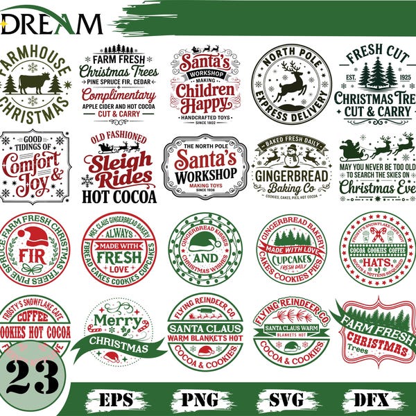 Farmhouse Christmas Svg Bundle | Vintage Holiday Badge Designs | Round Label Svg Pack | Cricut Cut Files | Retro Christmas logos