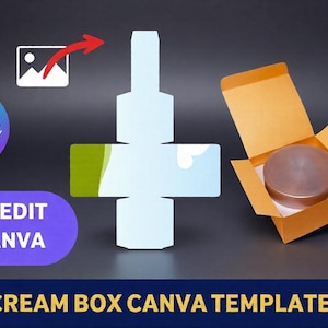 May include: Image of a cream box Canva template with a light blue die-cut box, an open brown box with a round container, and text that reads "Drag and Drop", "Easy Edit in Canva", and "Cream Box Canva Template".