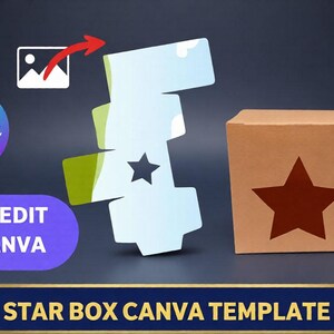 Könnte beinhalten: Eine braune Pappschachtel mit einem Sternausschnitt und eine zerlegte sternförmige Schablonenbox. Das Bild enthält den Text "DRAG AND DROP", "Canva", "EASY EDIT IN CANVA" und "STAR BOX CANVA TEMPLATE".