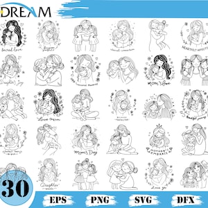 May include: A collection of 30 black and white line art illustrations featuring mothers and children. The designs include images of mothers hugging, holding, and interacting with their children, with floral and heart accents. Text includes "Sacred love" and "Mom's Day".