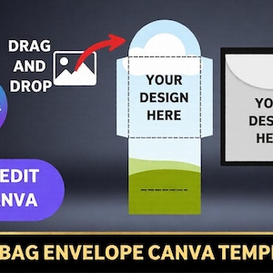 May include: A digital template for a tea bag envelope, featuring a light blue and green design with the text "YOUR DESIGN HERE." The Canva logo and the words "DRAG AND DROP" and "EASY EDIT IN CANVA" are also visible.