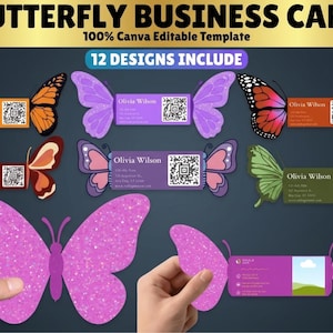 May include: A collection of butterfly-themed business card designs. The cards feature colorful butterfly wing illustrations with the text "Olivia Wilson" and a QR code. The image also includes the text "BUTTERFLY BUSINESS CARD" and "100% Canva Editable Template".
