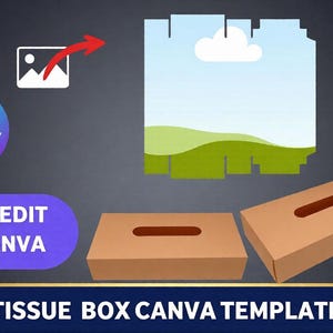 Könnte beinhalten: Eine Canva-Vorlage für Taschentuchboxen. Das Bild zeigt zwei braune Taschentuchboxen mit einer rechteckigen Öffnung. Der Text lautet "DRAG AND DROP", "EASY EDIT IN CANVA" und "TISSUE BOX CANVA TEMPLATE". Ein blaues und lila Canva-Logo ist ebenfalls vorhanden.