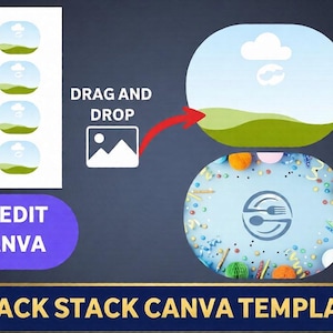 May include: A Canva template for a snack stack design. The image shows a white sheet with eight oval landscape graphics, a drag-and-drop graphic, and a circular Canva logo. Text includes "Easy Edit in Canva" and "Snack Stack Canva Template."