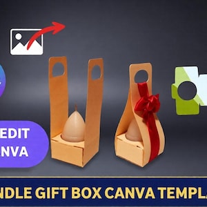 Könnte beinhalten: Eine Kerzengeschenkbox-Vorlage mit dem Text „DRAG AND DROP“ und „EASY EDIT IN CANVA“. Das Bild zeigt zwei montierte Kerzenboxen, eine mit rotem Band, und eine flache, unmontierte Box. Die Boxen sind aus hellbraunem Karton.