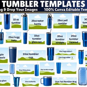 Könnte beinhalten: Eine Sammlung blauer Becher-Vorlagen, darunter Wasserflaschen, Becher und Tassen, mit Größen von ca. 296 ml bis 1183 ml. Das Bild enthält den Text "TUMBLER TEMPLATES" und "Drag & Drop Your Images 100% Canva Editable Template."