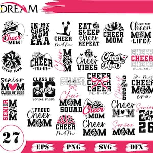 Könnte beinhalten: Eine Sammlung von 27 Cheerleading-Designs in Schwarz und Pink, darunter Sätze wie "Cheer Mom", "Senior Mom" und "Cheer Squad". Die Designs zeigen Pompons, Megaphone und Textgrafiken. Formate: EPS, PNG, SVG und DFX.