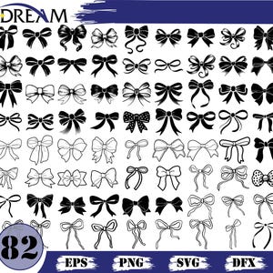 Könnte beinhalten: Eine Sammlung von 82 Schleifendesigns in Schwarz und Weiß, darunter verschiedene Stile wie klassisch, dekorativ und gepunktet. Das Wort "DREAM" steht oben, mit Dateitypoptionen unten.