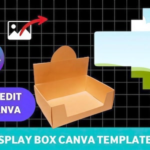 Peut inclure: Modèle de boîte d'exposition en carton brun clair, conçu pour Canva. L'image comprend le texte "DRAG AND DROP", "EASY EDIT IN CANVA" et "DISPLAY BOX CANVA TEMPLATE". Le fond est noir avec un motif quadrillé.