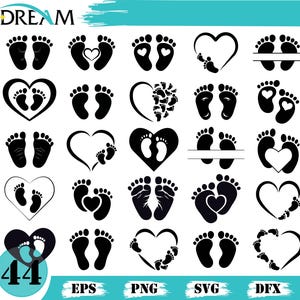 Könnte beinhalten: Eine Sammlung schwarzer Babyfußabdruck-Designs, darunter Fußabdrücke in Herzen und Fußabdruckpaare. Das Wort "DREAM" befindet sich oben links. Das Bild enthält auch die Zahlen "44" und die Dateityp-Abkürzungen "EPS", "PNG", "SVG" und "DFX".