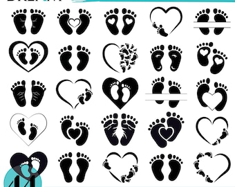 Ensemble SVG Cœur Pieds de Bébé - Clipart Empreinte de Pieds de Nouveau-né - Fichiers SVG et PNG Pieds de Nourrisson - Grossesse - Baby Shower - Fichiers de Découpe Cricut