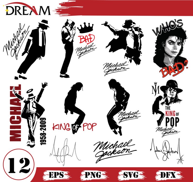 Peut inclure: Une collection de graphiques noir et blanc de Michael Jackson. Comprend des silhouettes du chanteur dans diverses poses, les mots "BAD", "KING OF POP" et sa signature. Comprend &eacute;galement le texte "WHO'S BAD?" et le chiffre "12".