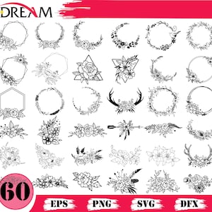 Könnte beinhalten: Eine Sammlung von 60 floralen und botanischen Designelementen in Schwarz und Weiß. Enthält Kränze, geometrische Formen und Blumenarrangements. Das Wort "DREAM" befindet sich oben links, mit Dateitypoptionen unten.