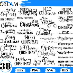 Könnte beinhalten: Eine Sammlung schwarzer "Merry Christmas" Textdesigns in verschiedenen Schriftarten. Das Wort "Merry" wird mit "Christmas" in Schreibschrift und Blockbuchstaben kombiniert. Das Bild enthält die Zahl 38 und Dateityp-Indikatoren.