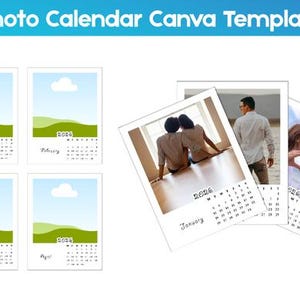 Könnte beinhalten: Foto-Kalender Canva-Vorlage. Kalenderseiten für Januar, Februar, März und April mit Landschaftsdesign. Zusätzliche Kalenderseiten zeigen Fotos von Paaren. Das Jahr 2026 ist auf den Kalendern aufgedruckt.