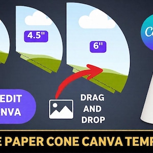Pode incluir: Gráfico mostrando um modelo de cone de papel com três opções de tamanho: 7,6 cm, 11,4 cm e 15,2 cm. Cada tamanho é representado por um design de quarto de círculo com um fundo de céu e paisagem. O logotipo Canva é visível, juntamente com o texto "Easy Edit in Canva" e "Drag and Drop".