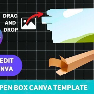 Könnte beinhalten: Grafik zur Werbung für eine Canva-Vorlage für Stifteboxen. Das Bild zeigt eine braune Stiftebox aus Pappe, ein blau-violettes Canva-Logo und den Text "Drag and Drop" und "Easy Edit in Canva". Der Hintergrund ist ein schwarzes Gitter.