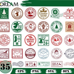 Könnte beinhalten: Eine Sammlung von Weihnachtsstempeln in Rot, Grün und Braun. Designs umfassen einen Weihnachtsbaum, Rentiere, den Weihnachtsmann und den Text "Merry Christmas". Die Briefmarken sind in Reihen und Spalten angeordnet.