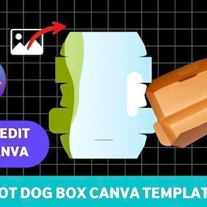 May include: A digital template for a hot dog box, designed for easy editing in Canva. The image features a stylized box, a Canva logo, and text that reads "Drag and Drop" and "Easy Edit in Canva". The background is a black grid.