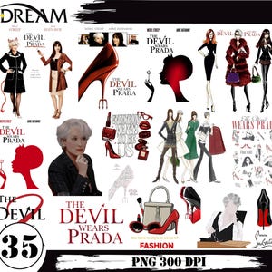 May include: A collection of illustrations and graphics themed around the film "The Devil Wears Prada." The design incorporates images of actresses, fashion items, and the movie's title. The colour scheme is red, black, and white.
