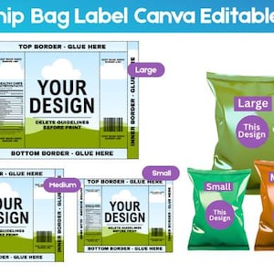 Op de afbeelding: Afbeelding van sjablonen en voorbeelden van chipzaklabels. Het ontwerp bevat een sjabloon met de tekst "YOUR DESIGN" en voorbeelden van chipzakken in groen, oranje en olijfgroen, met de labels "Large", "Medium" en "Small".