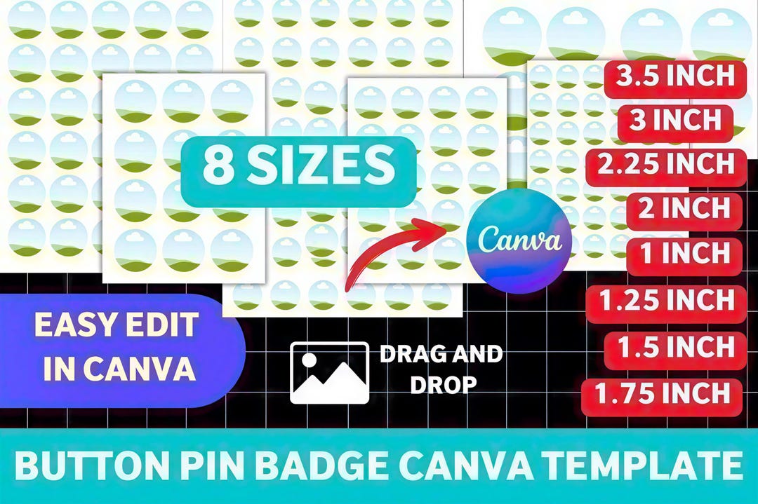 Button Pin Badge Canva Template, Editable Circle Sticker Template, 8 ...