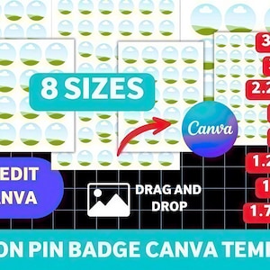 Button Pin Badge Canva Template, Editable Circle Sticker Template, 8 Sizes 1-3.5 Inch, Pin Button Design, Printable Badge Template