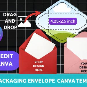 Könnte beinhalten: Bild einer Canva-Vorlage für Geschenkverpackungsumschläge. Das Bild zeigt einen roten und einen rosa Umschlag, jeweils mit einer weißen Karte im Inneren. Der Text "YOUR DESIGN HERE" ist auf den Umschlägen aufgedruckt. Die Vorlage ist 10,8 x 6,4 cm groß.