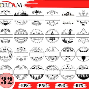 Könnte beinhalten: Eine Sammlung von 32 schwarz-weißen Designs zum Thema Weihnachten, darunter Kränze, Baumsilhouetten und kreisförmige Rahmen mit Textbereichen. Geeignet für Bastelprojekte.