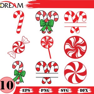 Puede incluir: Una colección de diseños de bastones de caramelo y piruletas rojos y blancos. Incluye un bastón de caramelo, un caramelo envuelto, una piruleta y un caramelo en espiral grande. Algunos diseños tienen lazos verdes. El número "10" está en un círculo rojo.