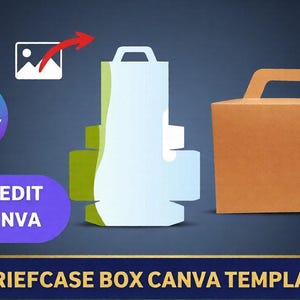 Op de afbeelding: Een afbeelding met een sjabloon voor een aktetas met de tekst "Drag and Drop", "Easy Edit in Canva" en "Briefcase Box Canva Template". De afbeelding bevat een lichtblauwe box-omtrek, een bruine box en het Canva-logo.