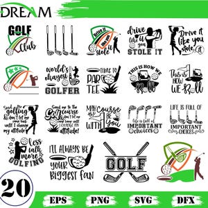 Könnte beinhalten: Eine Sammlung von 20 Golf-Designs in Schwarz und Weiß, mit Golfschlägern, Bällen und Sätzen wie "Golf Club", "Drive it like you stole it" und "Time to Par Tee". Enthält EPS-, PNG-, SVG- und DFX-Dateiformate.
