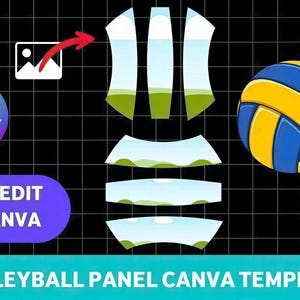 May include: A digital graphic featuring a volleyball, its panel components, and Canva branding. The design includes the text "Drag and Drop," "Easy Edit in Canva," and "Volleyball Panel Canva Template" on a black grid background.