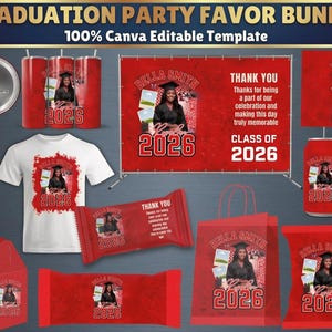 May include: A graduation party favor bundle with a red and white theme. The bundle includes a variety of items such as a t-shirt, tumblers, a banner, candy wrappers, and a water bottle, all featuring the graduate's photo and the year 2026.