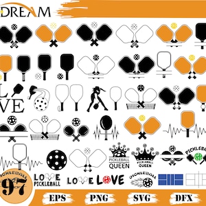 May include: A collection of pickleball-themed graphics in black, white, and orange. Includes paddles, balls, court outlines, and text elements like "LOVE PICKLEBALL" and "PICKLEBALL QUEEN". The word "DREAM" is at the top.