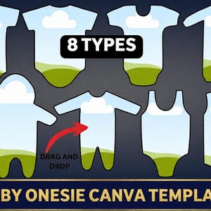 May include: An image showcasing eight baby onesie designs with a sky and grass theme. The text "8 TYPES" is displayed, along with "DRAG AND DROP" and the Canva logo. The words "BABY ONESIE CANVA TEMPLATE" are at the bottom.
