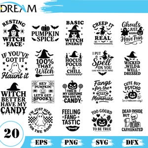 Könnte beinhalten: Eine Sammlung von 20 Halloween-Designs in Schwarz und Weiß mit Sätzen wie "Resting Witch Face", "Pumpkin Spice" und "Haunt It". Die Designs umfassen Hexenhüte, Geister, Fledermäuse und Kürbisse, ideal für saisonales Basteln.