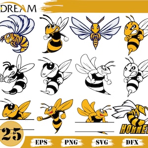 Könnte beinhalten: Eine Sammlung stilisierter Hornissen-Illustrationen in verschiedenen Posen und Farben, darunter Gelb, Schwarz und Weiß. Das Wort "DREAM" steht oben und "HORNET" unten. Die Zahl "25" befindet sich in einem Kreis.