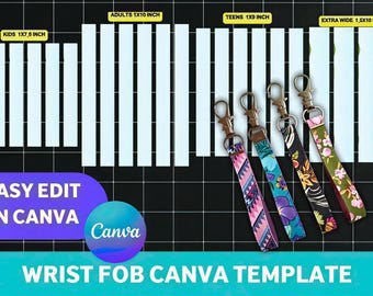 Może przedstawiać: Czarne tło z białymi pionowymi liniami i kolorowymi brelokami na nadgarstek. Obraz zawiera tekst "EASY EDIT IN CANVA" i "WRIST FOB CANVA TEMPLATE". Breloki mają różne wzory i kolory.