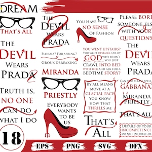 May include: A collection of text graphics in red and black, featuring phrases like "The Devil Wears Prada," "That's All," and "Miranda Priestly." Includes images of eyeglasses and a red high heel.