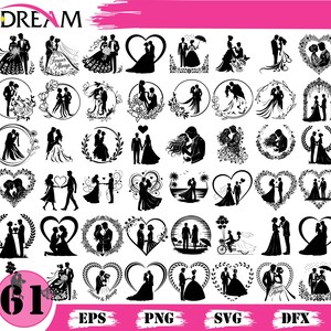 Könnte beinhalten: Eine Sammlung von 61 schwarz-weißen Grafiken zum Thema Hochzeit. Die Designs umfassen Silhouetten von Paaren, Herzen, Blumenkränzen und das Wort "DREAM" oben. Dateiformate sind EPS, PNG, SVG und DFX.