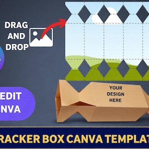 Könnte beinhalten: Eine Canva-Vorlage für ein Knallbonbon-Design. Das Bild zeigt eine braune Knallbonbon-Schachtel mit dem Text "YOUR DESIGN HERE". Die Wörter "DRAG AND DROP" und "EASY EDIT IN CANVA" sind ebenfalls sichtbar.