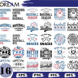 Könnte beinhalten: Eine Sammlung von 16 Baseball-Designs mit Sätzen wie "Baseball Season" und "Ballers" sowie Baseball-Grafiken. Die Designs sind in verschiedenen Stilen gehalten und verwenden eine Farbpalette aus Blau, Rot und Schwarz.