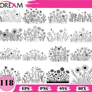 Könnte beinhalten: Schwarz-weiße florale Strichzeichnungen. Das Bild zeigt verschiedene Illustrationen von Blumen, Pflanzen und Schmetterlingen. Das Wort "DREAM" befindet sich oben links. Das Bild enthält auch die Zahl "118" und die Dateityp-Abkürzungen "EPS", "PNG", "SVG" und "DFX".