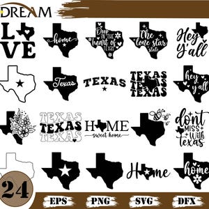 Könnte beinhalten: Eine Sammlung von Designs zum Thema Texas in Schwarz und Weiß. Die Designs zeigen den Umriss des Bundesstaates Texas mit verschiedenen Textelementen wie "Love", "Home", "Hey Y'all" und "The Lone Star State".