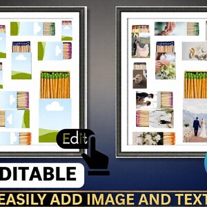 May include: Two framed collages. One features matchboxes and matches with blue sky and green hill graphics. The other collage includes wedding photos and matchboxes. The text "EDITABLE" and "EASILY ADD IMAGE AND TEXT" is displayed.