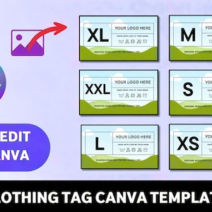 May include: Clothing tag Canva template with sizes XL, M, XXL, S, L, and XS. Each tag includes space for a logo, care instructions, and a landscape design. The image also features "Drag and Drop" and "Easy Edit in Canva" text.